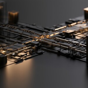 K&ouml;nnte beinhalten: Eine dunkle, geometrische Struktur mit einem komplexen Netzwerk aus miteinander verbundenen rechteckigen Bl&ouml;cken und metallischen Pfaden. Die Oberfl&auml;che besteht aus mattschwarzen Komponenten, die von d&uuml;nnen, goldenen Lichtlinien erhellt werden.