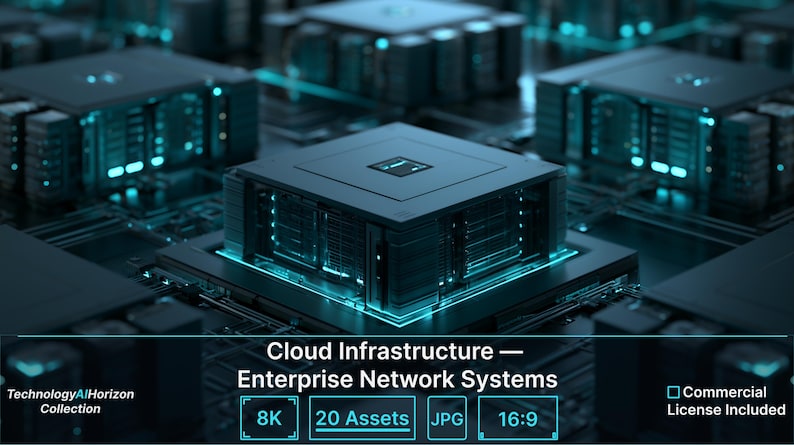 May include: A digital illustration of dark grey computer processors arranged in a grid, featuring glowing cyan light accents. Text reads: Cloud Infrastructure &mdash; Enterprise Network Systems, TechnologyAIHorizon Collection, 8K, 20 Assets, JPG, 16:9, Commercial License Included.