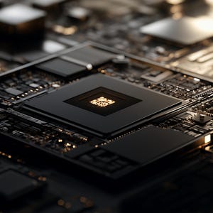 K&ouml;nnte beinhalten: Ein zentraler schwarzer Computerprozessor-Chip auf einer dunklen Leiterplatte. Der quadratische Chip zeigt in der Mitte ein leuchtendes, filigranes goldenes Muster, umgeben von komplexen metallischen Leiterbahnen und kleineren schwarzen Bauteilen.