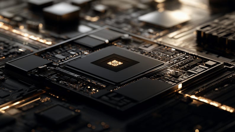 K&ouml;nnte beinhalten: Ein zentraler schwarzer Computerprozessor-Chip auf einer dunklen Leiterplatte. Der quadratische Chip zeigt in der Mitte ein leuchtendes, filigranes goldenes Muster, umgeben von komplexen metallischen Leiterbahnen und kleineren schwarzen Bauteilen.