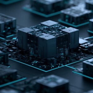 May include: A central dark grey cubic processor unit surrounded by smaller identical cubic modules on a flat surface, all interconnected by thin, glowing cyan light pathways that form a grid pattern across the dark, textured electronic base.