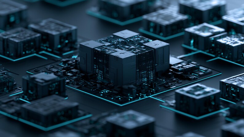 May include: A central dark grey cubic processor unit surrounded by smaller identical cubic modules on a flat surface, all interconnected by thin, glowing cyan light pathways that form a grid pattern across the dark, textured electronic base.