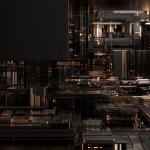 K&ouml;nnte beinhalten: Eine komplexe digitale Landschaft mit einer Reihe von miteinander verbundenen schwarzen und metallisch goldfarbenen rechteckigen Strukturen, gitterartigen Mustern und beleuchteten Pfaden, die eine dichte, geschichtete architektonische Umgebung bilden.