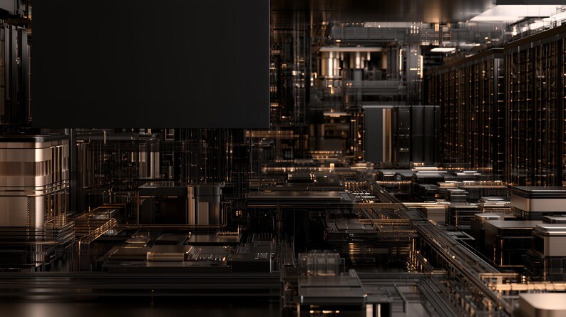 K&ouml;nnte beinhalten: Eine komplexe digitale Landschaft mit einer Reihe von miteinander verbundenen schwarzen und metallisch goldfarbenen rechteckigen Strukturen, gitterartigen Mustern und beleuchteten Pfaden, die eine dichte, geschichtete architektonische Umgebung bilden.