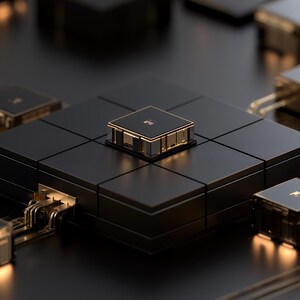 K&ouml;nnte beinhalten: Eine schwarze elektronische Leiterplatte mit einer zentralen quadratischen Prozessoreinheit, die von kleineren modularen Bl&ouml;cken umgeben ist. Die Komponenten sind durch d&uuml;nne, goldfarbene Metallbahnen verbunden, die Licht auf der matten schwarzen Oberfl&auml;che reflektieren.