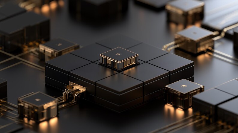 K&ouml;nnte beinhalten: Eine schwarze elektronische Leiterplatte mit einer zentralen quadratischen Prozessoreinheit, die von kleineren modularen Bl&ouml;cken umgeben ist. Die Komponenten sind durch d&uuml;nne, goldfarbene Metallbahnen verbunden, die Licht auf der matten schwarzen Oberfl&auml;che reflektieren.