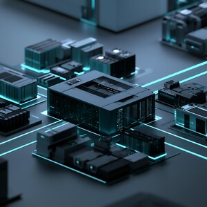 May include: A dark grey central processing unit surrounded by smaller modular server components on a flat surface. Bright cyan light lines connect the central unit to the surrounding modules, creating a network of glowing data pathways.