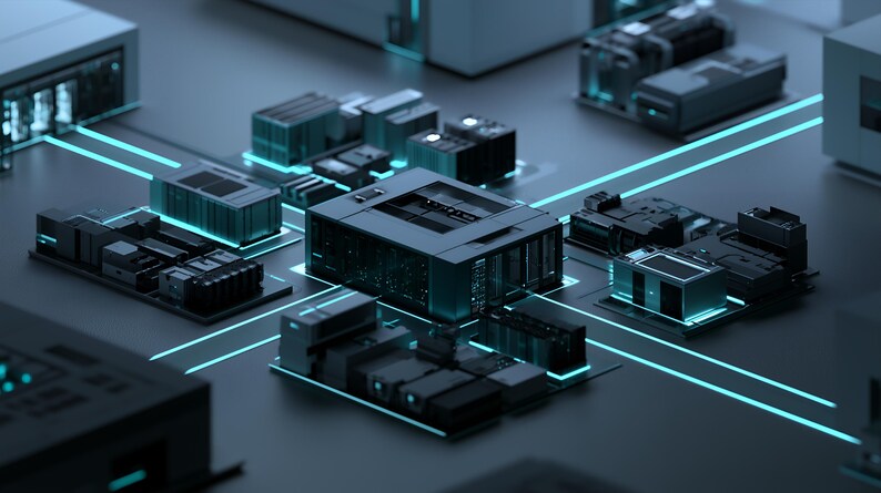 May include: A dark grey central processing unit surrounded by smaller modular server components on a flat surface. Bright cyan light lines connect the central unit to the surrounding modules, creating a network of glowing data pathways.