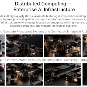 K&ouml;nnte beinhalten: Eine digitale Sammlung mit dem Titel Distributed Computing &mdash; Enterprise AI Infrastructure, die 20 hochwertige 8K-Bilddateien mit modularen Hardwarekomponenten, vernetzten Computerstrukturen und geschichteter Infrastruktur enth&auml;lt.