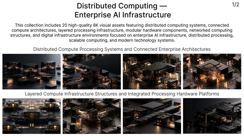 K&ouml;nnte beinhalten: Eine digitale Sammlung mit dem Titel Distributed Computing &mdash; Enterprise AI Infrastructure, die 20 hochwertige 8K-Bilddateien mit modularen Hardwarekomponenten, vernetzten Computerstrukturen und geschichteter Infrastruktur enth&auml;lt.