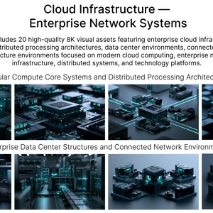 May include: A collection of 20 high-quality 8K visual assets titled Cloud Infrastructure &mdash; Enterprise Network Systems. The images display modular compute core systems, distributed processing architectures, and enterprise data centre structures.
