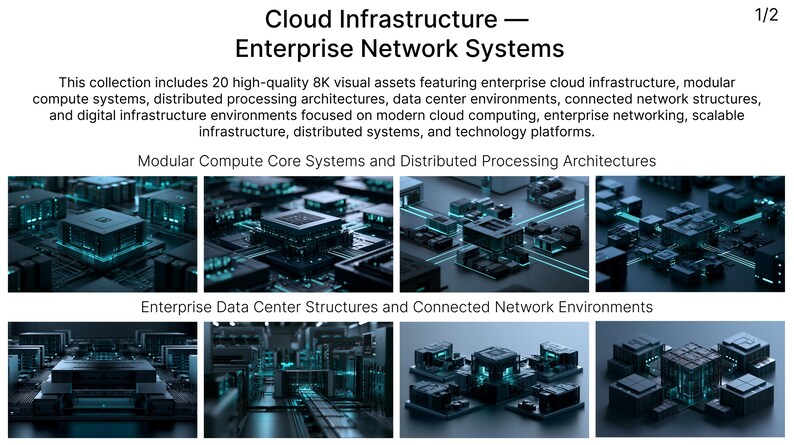 May include: A collection of 20 high-quality 8K visual assets titled Cloud Infrastructure &mdash; Enterprise Network Systems. The images display modular compute core systems, distributed processing architectures, and enterprise data centre structures.