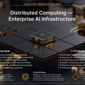 K&ouml;nnte beinhalten: Eine Pr&auml;sentationsfolie mit dem Titel Distributed Computing &mdash; Enterprise AI Infrastructure, die einen zentralen schwarzen modularen Prozessorblock auf einem Raster zeigt, umgeben von kleineren verbundenen Komponenten, mit Textabschnitten f&uuml;r Project Overview und Product Ready Applications.