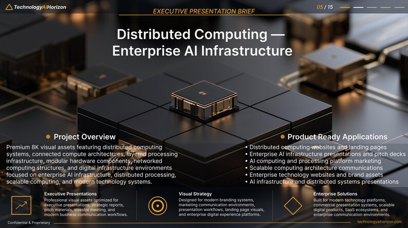 K&ouml;nnte beinhalten: Eine Pr&auml;sentationsfolie mit dem Titel Distributed Computing &mdash; Enterprise AI Infrastructure, die einen zentralen schwarzen modularen Prozessorblock auf einem Raster zeigt, umgeben von kleineren verbundenen Komponenten, mit Textabschnitten f&uuml;r Project Overview und Product Ready Applications.