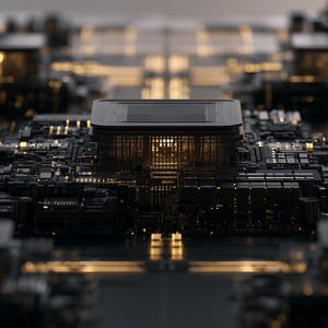 K&ouml;nnte beinhalten: Eine dunkle elektronische Leiterplatte mit einer zentralen quadratischen Prozessoreinheit mit gitterartiger Struktur, umgeben von kleineren integrierten Komponenten. Die Platine zeigt komplexe metallische Pfade, die von warmem goldenem Licht beleuchtet werden.