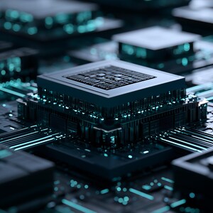 May include: A central dark grey computer processor unit mounted on a complex circuit board. The square chip features intricate metallic patterns and is surrounded by glowing cyan light pathways that extend across the dark electronic surface.
