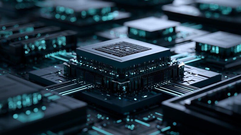 May include: A central dark grey computer processor unit mounted on a complex circuit board. The square chip features intricate metallic patterns and is surrounded by glowing cyan light pathways that extend across the dark electronic surface.