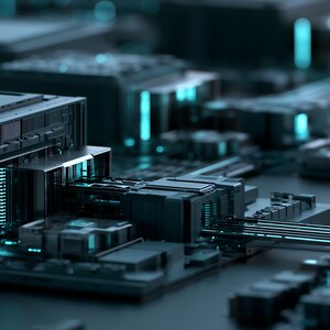 May include: A dark grey electronic circuit board featuring complex metallic components, integrated processors, and rectangular modules. The hardware is illuminated by bright cyan light strips that highlight the intricate pathways and connections.