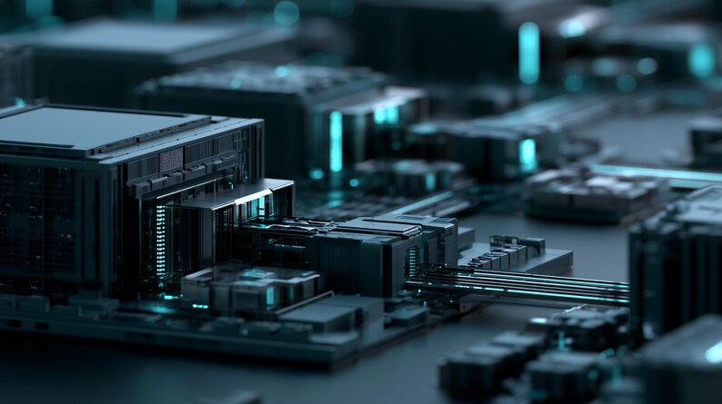 May include: A dark grey electronic circuit board featuring complex metallic components, integrated processors, and rectangular modules. The hardware is illuminated by bright cyan light strips that highlight the intricate pathways and connections.