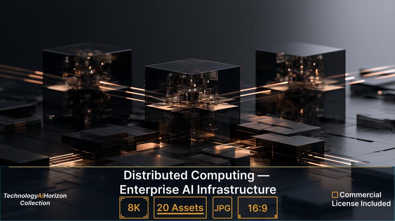 K&ouml;nnte beinhalten: Drei durchscheinende schwarze W&uuml;rfel, die durch leuchtend orangefarbene Lichtstrahlen auf einer dunklen Gitteroberfl&auml;che verbunden sind. Der Text lautet: Distributed Computing &mdash; Enterprise AI Infrastructure, TechnologyAIHorizon Collection, 8K, 20 Assets, JPG, 16:9, Commercial License Included.
