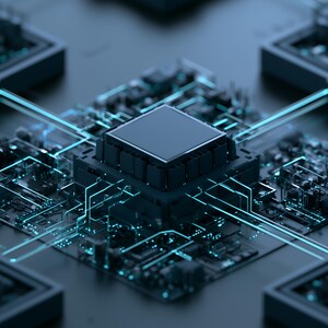 May include: A central dark square processor chip mounted on a complex circuit board with intricate pathways. The board features glowing cyan light lines that extend outward, connecting to four identical square modules in the corners of the frame.
