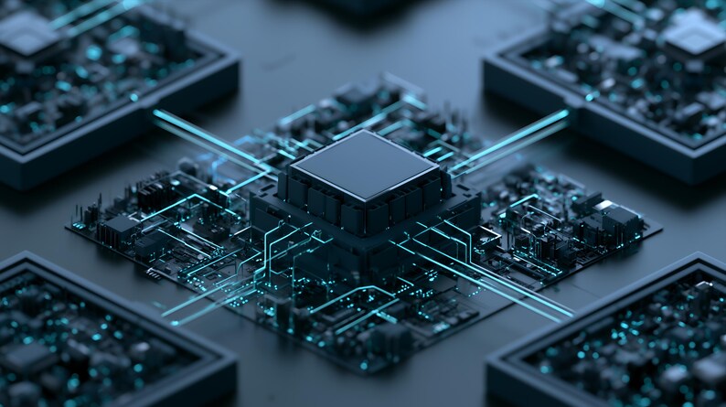 May include: A central dark square processor chip mounted on a complex circuit board with intricate pathways. The board features glowing cyan light lines that extend outward, connecting to four identical square modules in the corners of the frame.