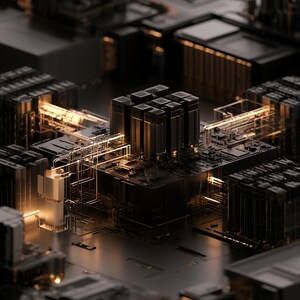 K&ouml;nnte beinhalten: Eine komplexe digitale Leiterplatte mit dunklen metallischen Komponenten und rechteckigen Bl&ouml;cken in einem Raster. Leuchtende bernsteinfarbene Lichtlinien verbinden die Module und erzeugen eine technologische &Auml;sthetik mit Tiefe.