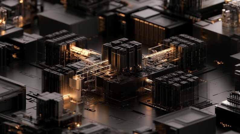 K&ouml;nnte beinhalten: Eine komplexe digitale Leiterplatte mit dunklen metallischen Komponenten und rechteckigen Bl&ouml;cken in einem Raster. Leuchtende bernsteinfarbene Lichtlinien verbinden die Module und erzeugen eine technologische &Auml;sthetik mit Tiefe.