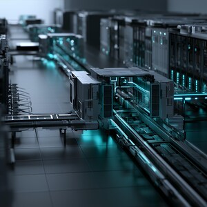 May include: A complex digital rendering of a dark, industrial server room featuring rows of black server racks connected by metallic bridges and illuminated by glowing cyan light strips that run along the floor and equipment structures.