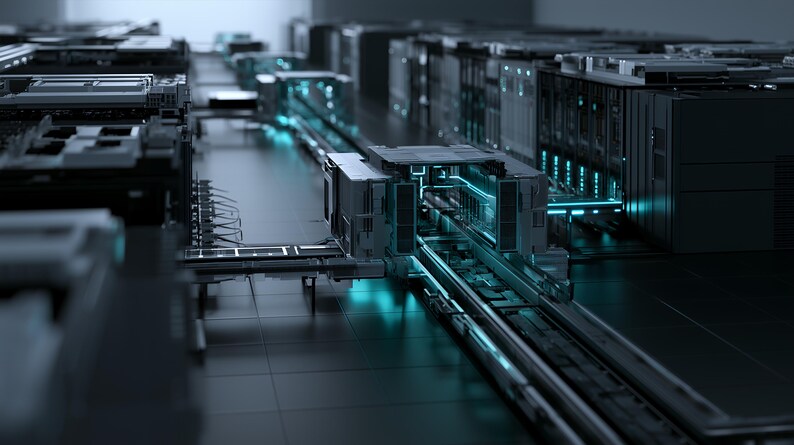 May include: A complex digital rendering of a dark, industrial server room featuring rows of black server racks connected by metallic bridges and illuminated by glowing cyan light strips that run along the floor and equipment structures.