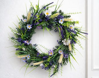 Corona de primavera/verano para puerta principal, corona de flores artificiales, decoración rústica de lavanda, corona floral hecha a mano, regalo del Día de la Madre, cumpleaños