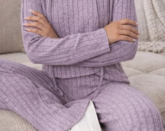 Conjunto de ropa de estar por casa para mujer: sudadera con capucha y pantalón de canalé suave para estar en casa