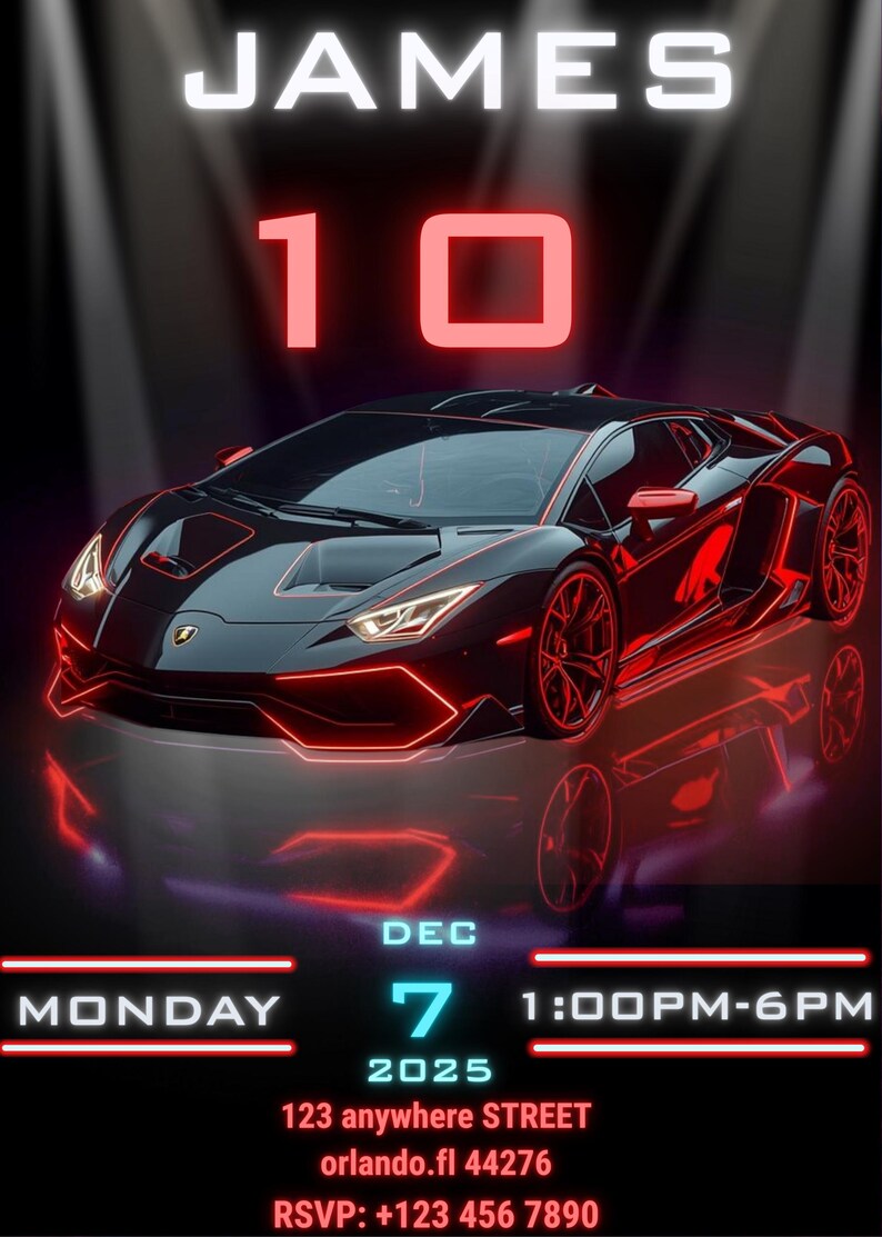 Lamborghini Birthday Invitation - Printable and Editable Car Party ...
