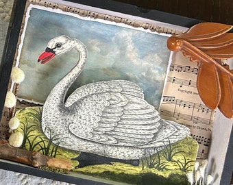 Spring Swan - Altered cigar box art - Joseph Cornell Inspired, sculpture, mixed media