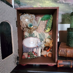 Spring Bugs and Log - altered cigar box art, mixed media, assemblage art
