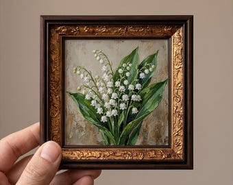 Framed Floral Oil Painting, Lily of the Valley Art, Vintage Wildflower Canvas, Cottagecore Still Life, Christmas Holiday Gift for Mom