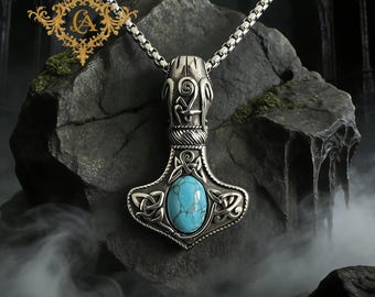 Viking Thor Hammer Necklace,Turquoise Mjolnir Pendant, Norse Mythology Jewelry,Celtic Knot Amulet,Gothic Warrior Necklace,Unisex Nordic Gift