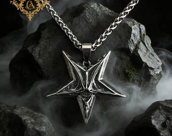 Gothic Pentagram Skull Necklace, Dark Star Pendant Chain, Occult Jewelry, Heavy Metal Statement Necklace, Unisex Punk Goth Gift