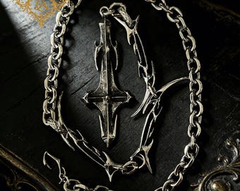 Gothic Thorn Chain Necklace, Punk Silver Barbed  Titanium steel Choker, Dark Cross Pendant Jewelry, Unisex Alternative Fashion Gift