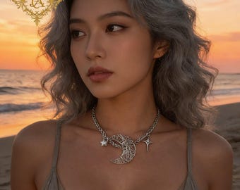 Gothic Moon Necklace, Wire Crescent Pendant Chain, Star Charm Choker, Dark Aesthetic Jewelry, Celestial Statement Necklace, Alt Fashion Gift