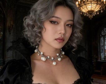 Chunky Pearl Chain Necklace, Gothic Statement Jewelry, Baroque Style Choker, Vintage Inspired Pearl Necklace, Elegant Punk Gift for Women