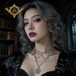 Collar gótico de murciélago, gargantilla de cadena superpuesta con colgante de pentagrama, joyería de estética oscura, collar gótico llamativo, regalo de moda alternativa