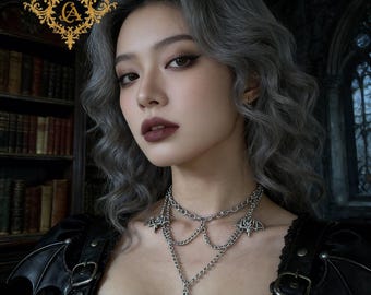 Gothic Bat Necklace, Layered Chain Choker with Pentagram Pendant, Dark Aesthetic Jewelry, Goth Statement Necklace, Alternative Fashion Gift