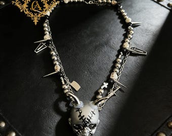 Gothic Skull Horn Necklace, Punk Chain Choker with Cross & Spike Charms, Dark Aesthetic Statement Jewelry, Alternative Street Style Gift