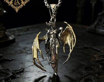 Gothic Demon Pendant Necklace, Dragon Wing Devil Charm Chain, Dark Fantasy Jewelry, Two Tone Silver Gold Pendant, Statement Necklace Gift