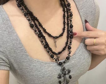Layered Black Beaded Necklace, Gothic Cross Pendant Jewelry, Strand Boho Necklace, Vintage Dark Aesthetic Necklace, Statement Necklace Gift