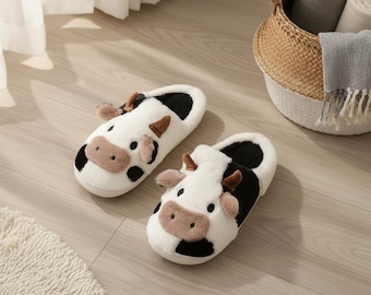 Cow Slippers Plush Indoor House Shoes, Warm Winter Couples Slippers for Men and Women