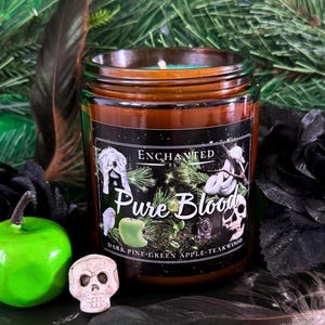 May include: A dark brown glass jar candle with a black label that reads "Enchanted Pure Blood". The candle is surrounded by black feathers, a green apple, a skull, and black roses. The candle's scent is "Dark Pine-Green Apple-Teakwood".