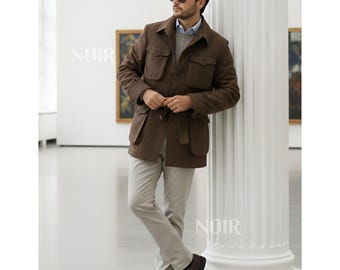 Brown Men's Safari Jacket | Casual Field Jacket Herren Jacke Costume Homme Vintage Style Menswear Smart Casual Outerwear