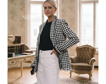Zwart-witte pied-de-poule-damesblazer | Elegante damesjas Traje Mujer chique kantoor dameskleding op maat gemaakte jas